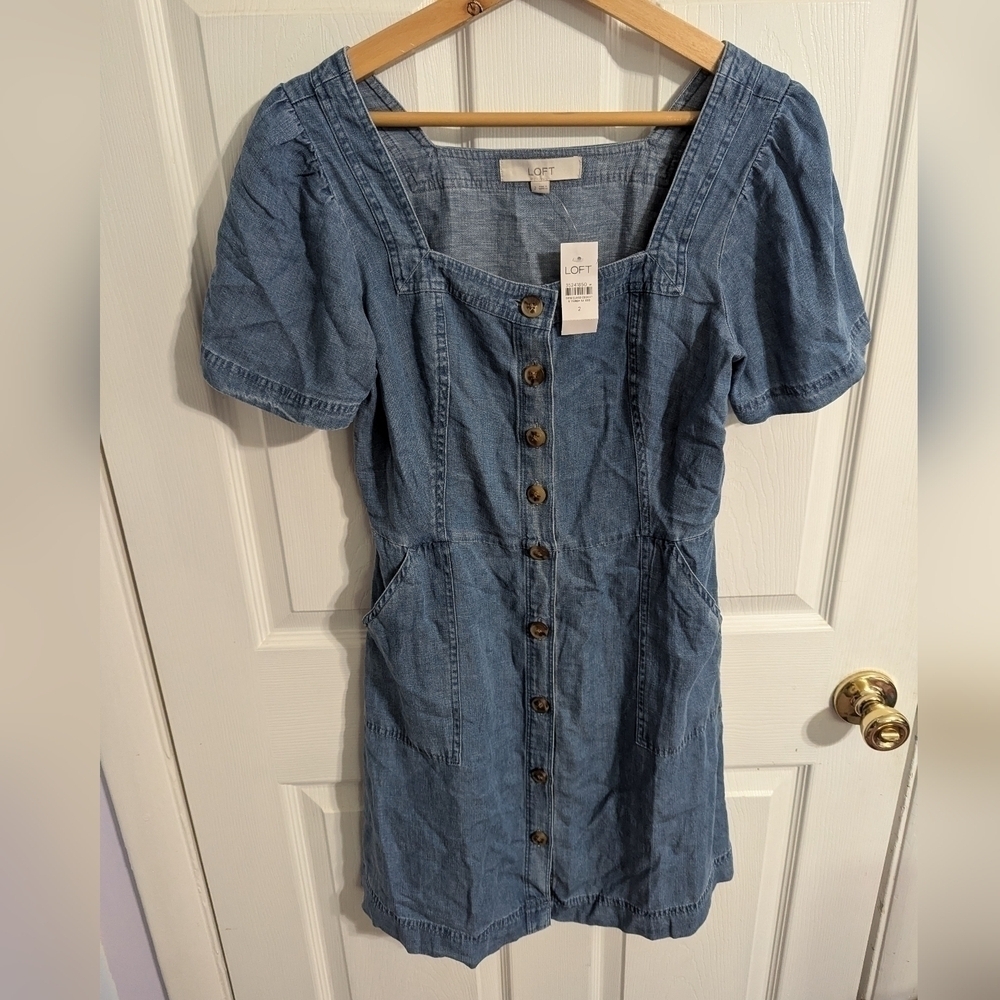 New Ann Taylor LOFT Womens Dress Size 2 Blue Chambray Button Down Short Sleeve